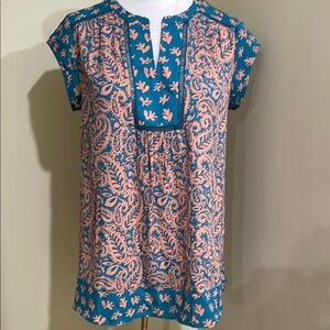 DR2 Turquoise multicolored Blouse with Mandarin Collar-Comfort Fit.NWOT